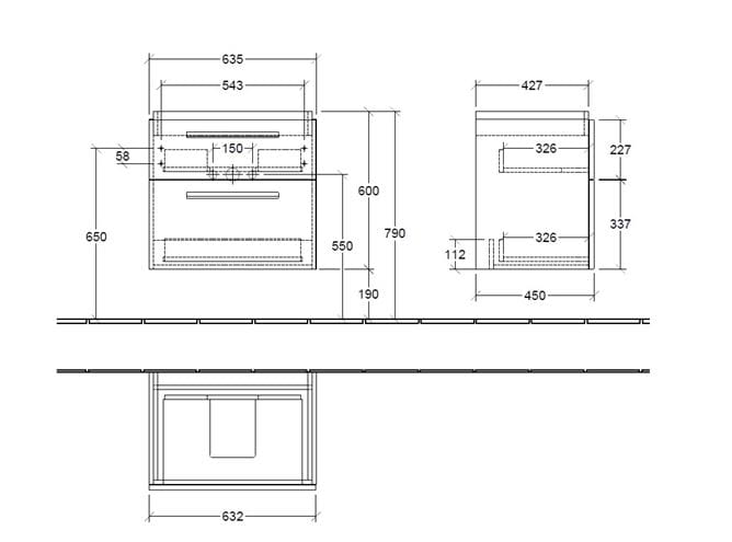 VILLEROY & BOCH VERITY DESIGN 2.0 skrinka pod umývadlo 63,5x45x60 cm, 2 zásuvky, Glossy Grey B07500FP Technický nákres