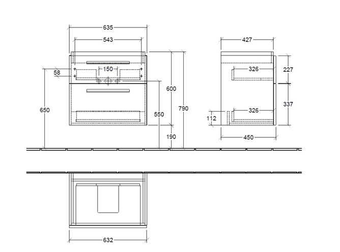 VILLEROY & BOCH VERITY DESIGN 2.0 skrinka pod umývadlo 63,5x45x60 cm, 2 zásuvky, Sandgrey Matt B07500VD Technický nákres
