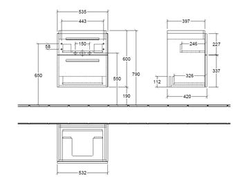VILLEROY & BOCH VERITY DESIGN 2.0 skrinka pod umývadlo 53,5x42x60 cm, 2 zásuvky, Glossy Grey B07700FP Technický nákres