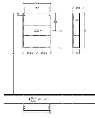 VILLEROY & BOCH VERITY DESIGN 2.0 zrkadlová skrinka 60x76x14,9 cm, osvetlenie, so zväčšovacím zrkadlom, vypínačom a el. zásuvkou, Sandgrey Matt A46560VD Technický nákres
