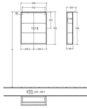 VILLEROY & BOCH VERITY DESIGN 2.0 zrkadlová skrinka 60x76x14,9 cm, osvetlenie, so zväčšovacím zrkadlom, vypínačom a el. zásuvkou, Glossy Grey A46560FP Technický nákres