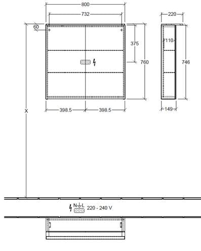 VILLEROY & BOCH VERITY DESIGN 2.0 zrkadlová skrinka 80x76x14,9 cm, osvetlenie, so zväčšovacím zrkadlom, vypínačom a el. zásuvkou, Sandgrey Matt A46580VD Technický nákres