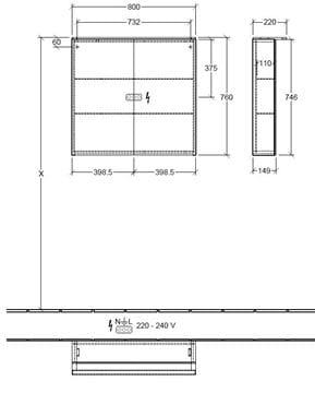 VILLEROY & BOCH VERITY DESIGN 2.0 zrkadlová skrinka 80x76x14,9 cm, osvetlenie, so zväčšovacím zrkadlom, vypínačom a el. zásuvkou, Glossy Grey A46580FP Technický nákres