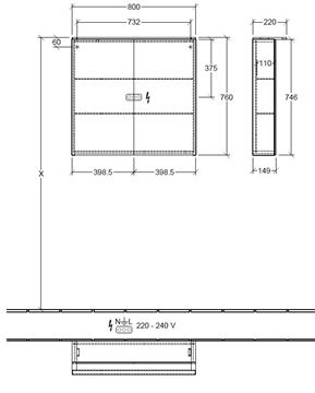 VILLEROY & BOCH VERITY DESIGN 2.0 zrkadlová skrinka 80x76x14,9 cm, osvetlenie, so zväčšovacím zrkadlom, vypínačom a el. zásuvkou, Oak Kansas A46580RH Technický nákres