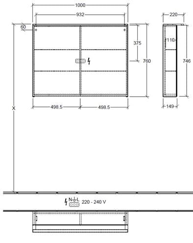 VILLEROY & BOCH VERITY DESIGN 2.0 zrkadlová skrinka 100x76x14,9 cm, osvetlenie, so zväčšovacím zrkadlom, vypínačom a el. zásuvkou, Glossy Grey A46510FP Technický nákres