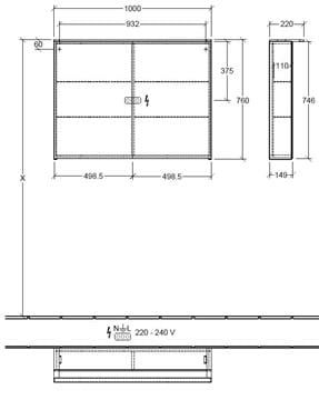 VILLEROY & BOCH VERITY DESIGN 2.0 zrkadlová skrinka 100x76x14,9 cm, osvetlenie, so zväčšovacím zrkadlom, vypínačom a el. zásuvkou, Oak Kansas A46510RH Technický nákres