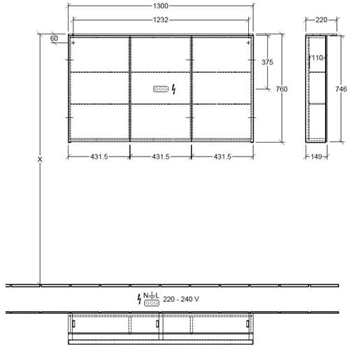 VILLEROY & BOCH VERITY DESIGN 2.0 zrkadlová skrinka 130x76x14,9 cm, osvetlenie, so zväčšovacím zrkadlom, vypínačom a el. zásuvkou, Glossy Grey A46513FP Technický nákres