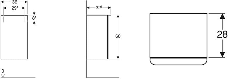 GEBERIT SMYLE SQUARE nízka skrinka 36x32, 6x60 cm, 1 dvierka, pánty vpravo, lesklá biela 500.359.00.1 Technický nákres