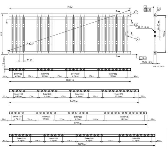 CONCEPT 150 kúpeľňový radiátor 1800/600, stredové pripojenie, chróm C150-180-060-MC Technický nákres