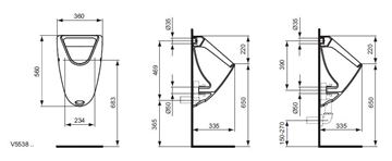 IDEAL STANDARD GOLF pisoár, zadný prívod vody V553801 Technický nákres