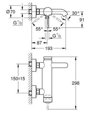 GROHE ESSENCE NEW vaňová nástenná batéria, s prepínačom, brúsený cool sunrise 25250GN1 Technický nákres