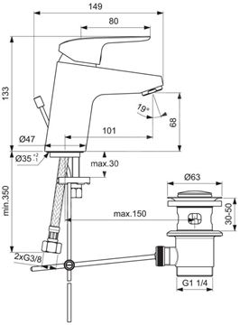 IDEAL STANDARD CERAFLEX umývadlová stojanková batéria, s odtokovou súpravou, chróm B1708AA Technický nákres