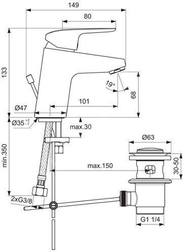IDEAL STANDARD CERAFLEX umývadlová stojanková batéria, s odtokovou súpravou, chróm B1708AA Technický nákres