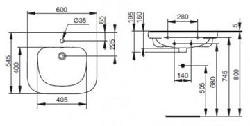 IDEAL STANDARD CONTOUR 21 bezbariérové umývadlo 60 cm, s otvorom pre batériu a prepadom S238901 Technický nákres
