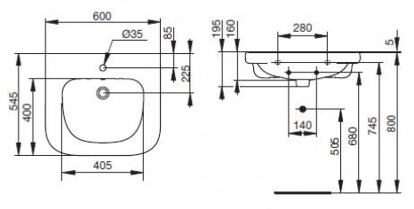 IDEAL STANDARD CONTOUR 21 bezbariérové umývadlo 60 cm, s otvorom pre batériu a prepadom S238901 Technický nákres