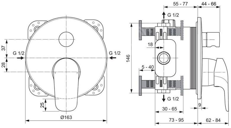 IDEAL STANDARD CERAFLEX vaňová podomietková batéria, s prepínačom, chróm A6725AA Technický nákres