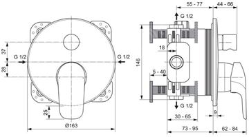 IDEAL STANDARD CERAFLEX vaňová podomietková batéria, s prepínačom, chróm A6725AA Technický nákres