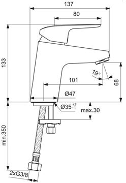 IDEAL STANDARD CERAFLEX umývadlová stojanková batéria, chróm B1710AA Technický nákres