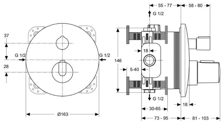 IDEAL STANDARD CERATHERM 100 sprchová podomietková termostatická batéria, chróm A4659AA Technický nákres