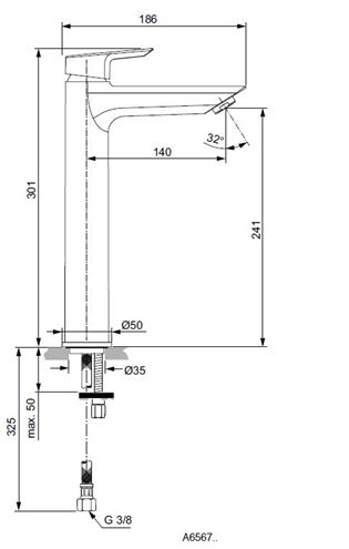 IDEAL STANDARD TESI umývadlová stojanková batéria, chróm A6575AA Technický nákres