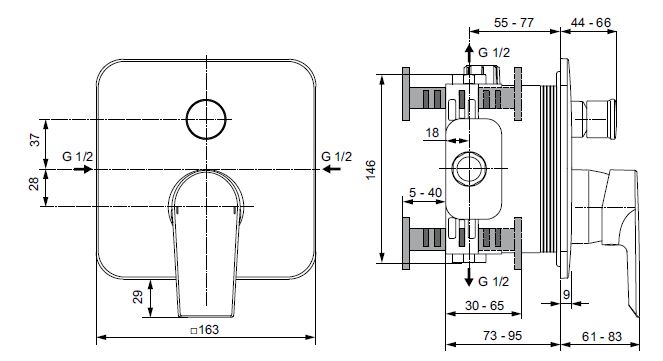 IDEAL STANDARD TESI vaňová podomietková batéria, s prepínačom, chróm A6586AA Technický nákres