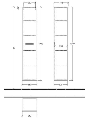 VILLEROY & BOCH VERITY DESIGN 2.0 vysoká skrinka 35x34, 2x174,3 cm, 1 dvierka, pánty vľavo, Oak Nebraska B07900PJ Technický nákres