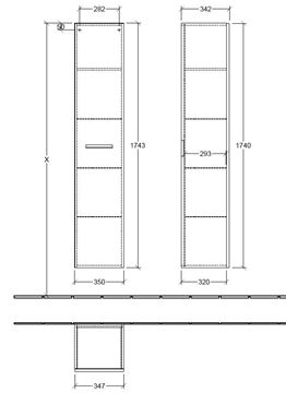 VILLEROY & BOCH VERITY DESIGN 2.0 vysoká skrinka 35x34, 2x174,3 cm, 1 dvierka, pánty vľavo, Oak Nebraska B07900PJ Technický nákres