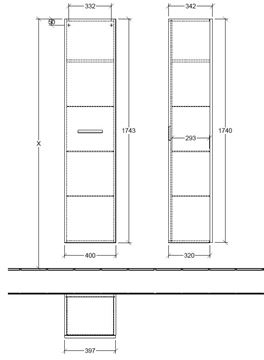VILLEROY & BOCH VERITY DESIGN 2.0 vysoká skrinka 40x34,2x174,3 cm, 1 dvierka, pánty vľavo, Oak Nebraska B08100PJ Technický nákres