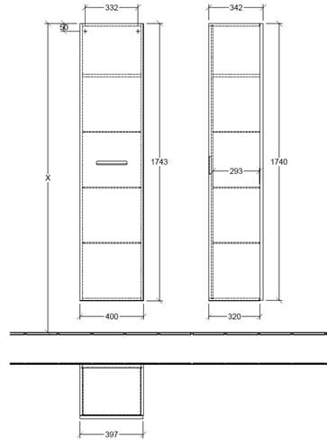 VILLEROY & BOCH VERITY DESIGN 2.0 vysoká skrinka 40x34,2x174,3 cm, 1 dvierka, pánty vľavo, Oak Kansas B08100RH Technický nákres