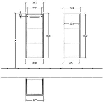 VILLEROY & BOCH VERITY DESIGN 2.0 nízka skrinka 35x34,3x88,8 cm, 1 dvierka, pánty vľavo, Black Matt B08000VC Technický nákres