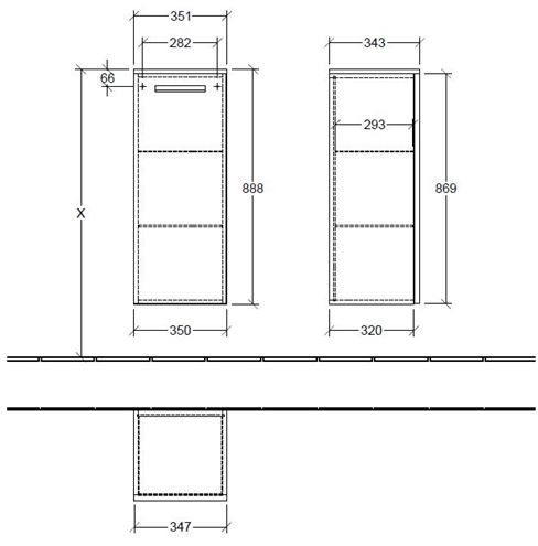VILLEROY & BOCH VERITY DESIGN 2.0 nízka skrinka 35x34,3x88,8 cm, 1 dvierka, pánty vľavo, Sandgrey Matt B08000VD Technický nákres