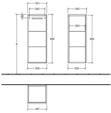 VILLEROY & BOCH VERITY DESIGN 2.0 nízka skrinka 35x34,3x88,8 cm, 1 dvierka, pánty vpravo, Oak Kansas B08001RH Technický nákres