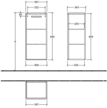 VILLEROY & BOCH VERITY DESIGN 2.0 nízka skrinka 40x34,3x88,8 cm, 1 dvierka, pánty vľavo, Glossy Grey B08200FP Technický nákres