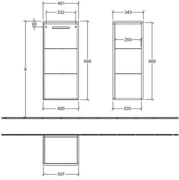 VILLEROY & BOCH VERITY DESIGN 2.0 nízka skrinka 40x34,3x88,8 cm, 1 dvierka, pánty vpravo, Glossy Grey B08201FP Technický nákres