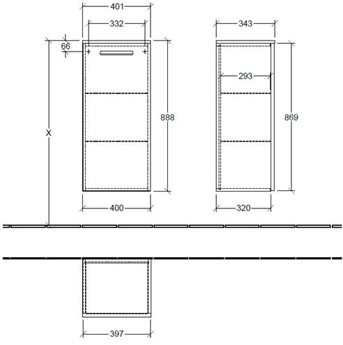 VILLEROY & BOCH VERITY DESIGN 2.0 nízka skrinka 40x34,3x88,8 cm, 1 dvierka, pánty vpravo, Glossy Grey B08201FP Technický nákres