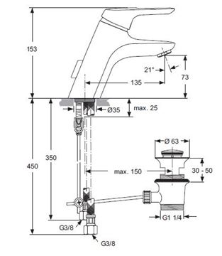 IDEAL STANDARD CERAMIX BLUE umývadlová stojanková batéria, s odtokovou súpravou, Cool Body, chróm A5646AA Technický nákres