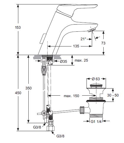 IDEAL STANDARD CERAMIX BLUE umývadlová stojanková batéria, s odtokovou súpravou, Cool Body, chróm A5646AA Technický nákres
