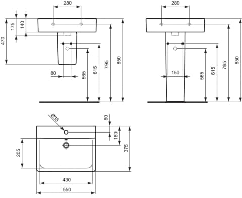 IDEAL STANDARD CONNECT CUBE umývadlo 55 cm, s otvorom pre batériu, bez prepadu E811301 Technický nákres