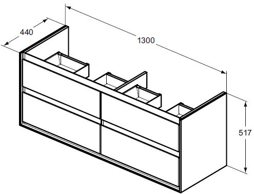 IDEAL STANDARD CONNECT AIR skrinka pod dvojumývadlo 130x44x51,7 cm, 4 zásuvky, matná biela/lesklá biela E0824B2 Technický nákres