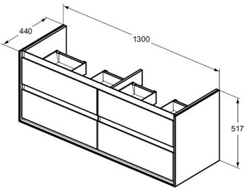IDEAL STANDARD CONNECT AIR skrinka pod dvojumývadlo 130x44x51,7 cm, 4 zásuvky, matná biela/lesklá biela E0824B2 Technický nákres