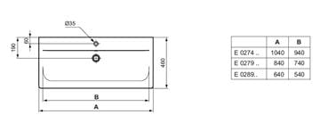 IDEAL STANDARD CONNECT AIR umývadlo 64 cm, s otvorom pre batériu a prepadom E028901 Technický nákres