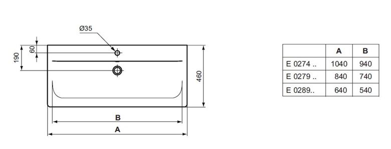 IDEAL STANDARD CONNECT AIR umývadlo 64 cm, s otvorom pre batériu a prepadom E028901 Technický nákres