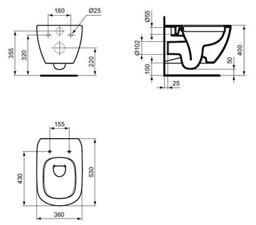 IDEAL STANDARD TESI závesné WC, Rimless splachovanie T350301 Technický nákres