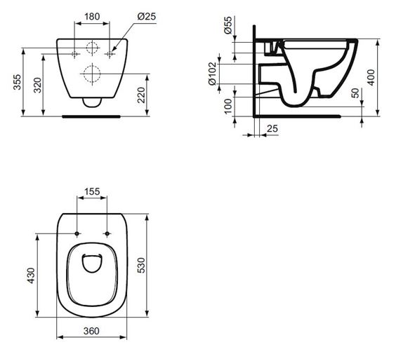 IDEAL STANDARD TESI závesné WC, Rimless splachovanie T350301 Technický nákres