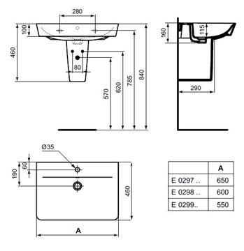 IDEAL STANDARD CONNECT AIR umývadlo 60 cm, s otvorom pre batériu a prepadom E029801 Technický nákres