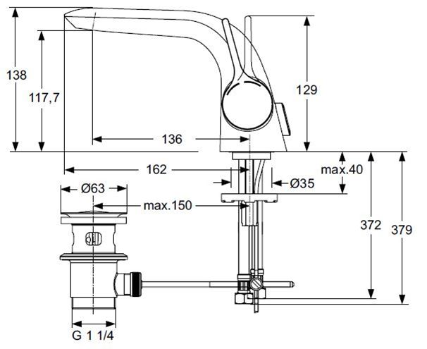 IDEAL STANDARD MELANGE umývadlová stojanková batéria, s odtokovou súpravou, chróm A4260AA Technický nákres
