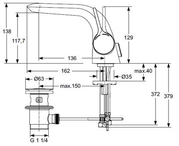 IDEAL STANDARD MELANGE umývadlová stojanková batéria, s odtokovou súpravou, chróm A4260AA Technický nákres