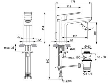 IDEAL STANDARD TONIC II umývadlová stojanková batéria, s odtokovou súpravou, chróm A6326AA Technický nákres