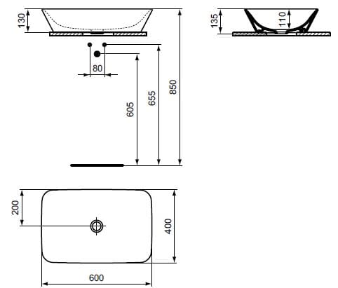IDEAL STANDARD CONNECT AIR umývadlová misa 60 cm, bez prepadu E034801 Technický nákres
