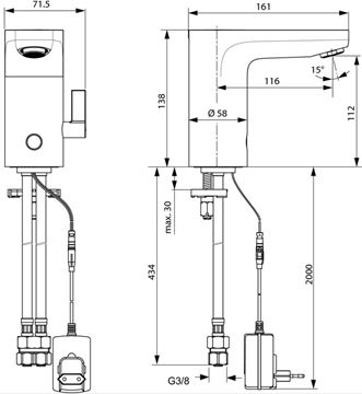 IDEAL STANDARD CERAPLUS umývadlová senzorová batéria s reguláciou teploty, napájanie zo siete, chróm A6146AA Technický nákres